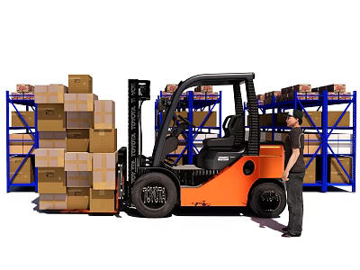 Warehouse Storage Interior With Worker Operating Forklift And Stacked Boxes On Shelves 3d model