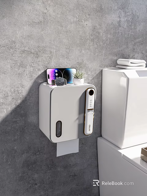 Modern White Wall Mounted Soap Dispenser With Phone Small Plant Next To Toilet 3d model 