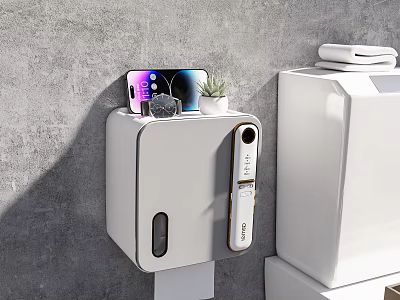 Modern White Wall Mounted Soap Dispenser With Phone Small Plant Next To Toilet 3d model