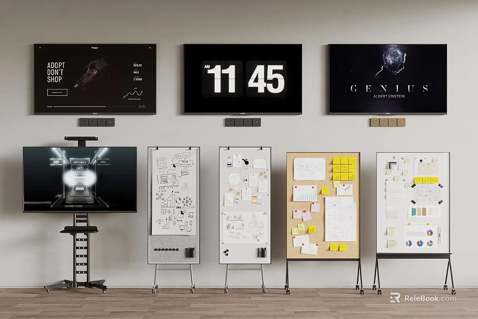 Multiple Wall Mounted TVs Displaying Time And Graphics With Whiteboards Below 3d model