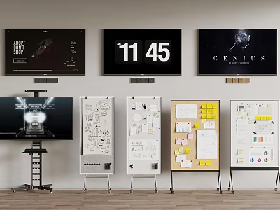 Multiple Wall Mounted TVs Displaying Time And Graphics With Whiteboards Below 3d model