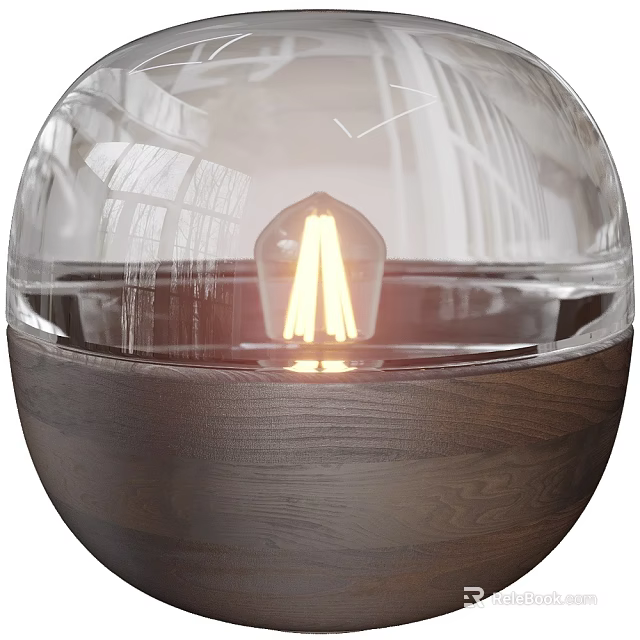 Modern Table Lamp With Transparent Glass Globe And Illuminated Bulb On Wooden Base 3d model 