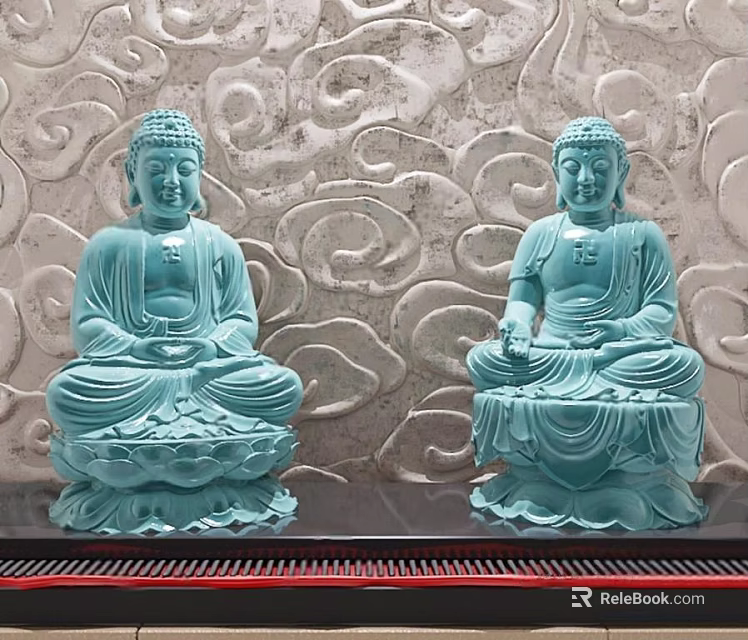 Blue Buddha Sculptures In Sitting Posture With Lotus Base And Cloud Patterned Background 3d model 