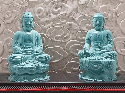 Blue Buddha Sculptures In Sitting Posture With Lotus Base And Cloud Patterned Background 3d model