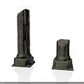 Modern Garden Setting With Two Stone Pillars Of Different Heights And Textured Bases