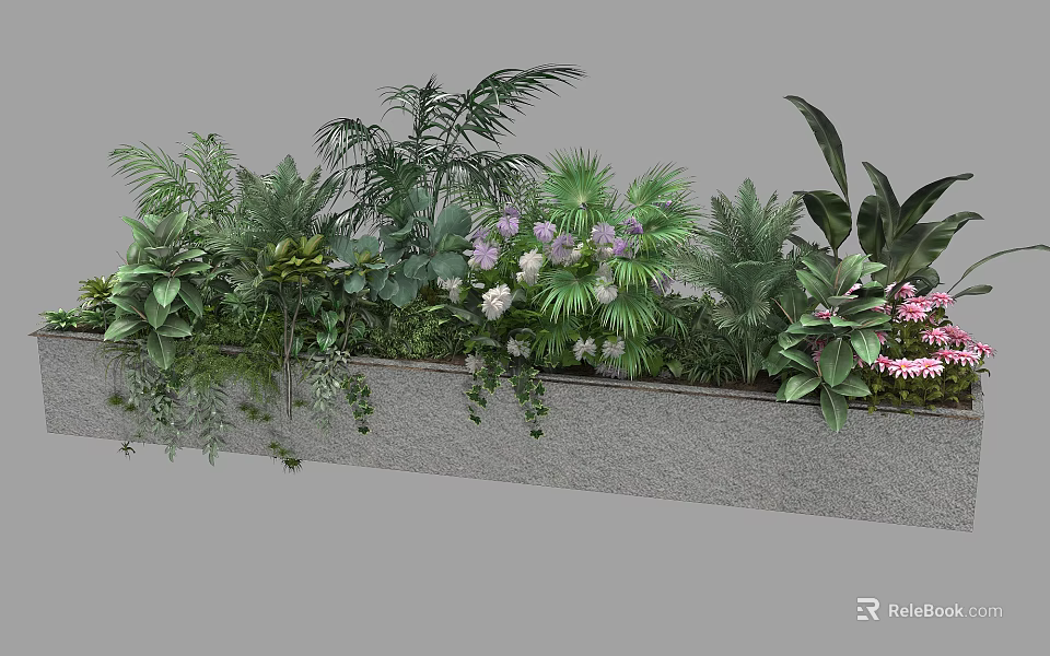 Mixed Tropical Plants In Long Planter With Green Foliage And Colorful Flowers 3d model 