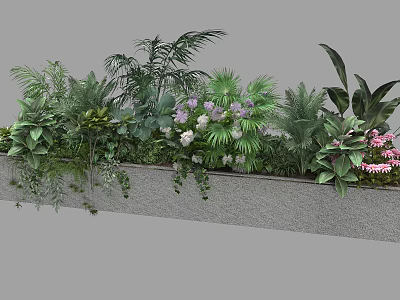 Mixed Tropical Plants In Long Planter With Green Foliage And Colorful Flowers 3d model