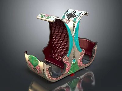 Public Chair With Decorative Green And Pink Floral Patterns And Intricate Carved Artistic Design 3d model