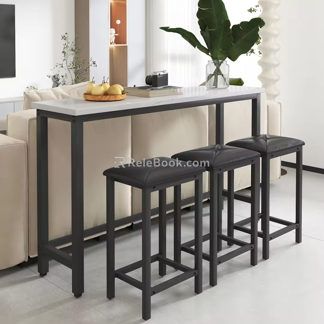 Modern Living Room Side Table Bar Stool Sofa Green Planting Pear Camera Marble Countertop Leather Cushion 3d model