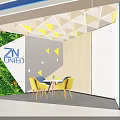Modern Lounge Area Design With Living Plant Wall Geometric Ceiling Wooden Wall And Yellow Chairs