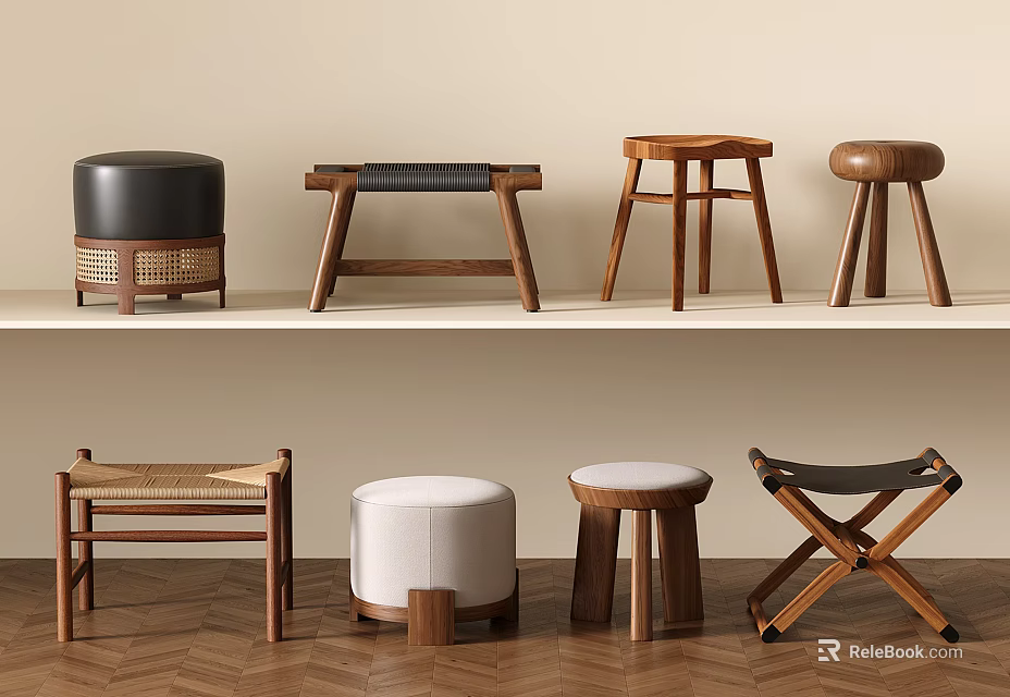 Collection of Various Designed Stools Featuring Wooden Leather and Woven Materials on 3d model 
