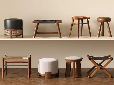Collection of Various Designed Stools Featuring Wooden Leather and Woven Materials on 3d model