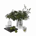 Decorative Ornament Set With Transparent Glass Vases Green Foliage Glass Cups Limes And Black Tray