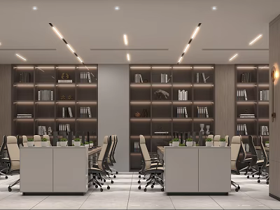Modern Public Office Space Design With Desks Office Chairs Bookshelves And Books 3d model
