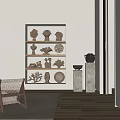 Wooden Shelves Displaying Various Decorative Sculptures On Stone Bases Including Human Head And Animal Carvings
