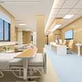 Modern Hospital Ward Interior With Wooden Pillars Blue Floor And Medical Beds