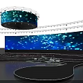 Stage Design With Large Blue Screen Light Spots Curved Structure And Hanging Circular Screen 3d model
