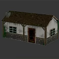 Small Cottage Exterior With Brown Mossy Roof White Walls Red Door And Reflection