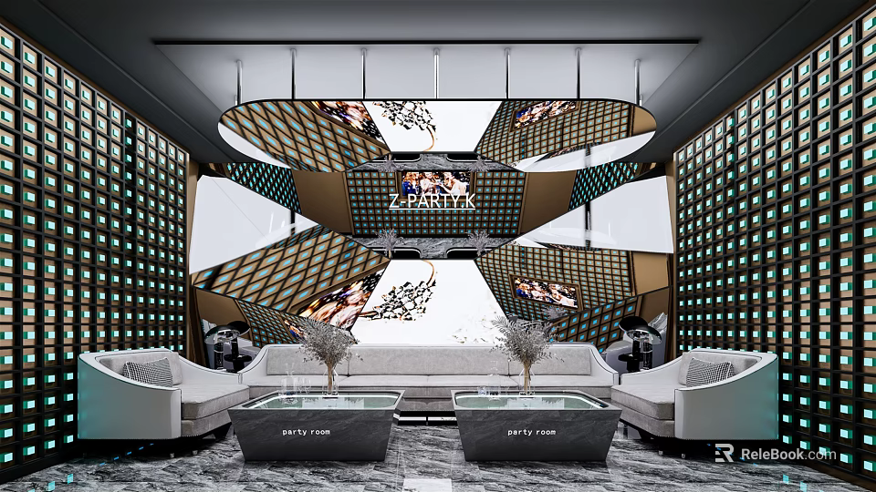 Luxury KTV Interior Design With Modern Sofa Coffee Tables Large Screens And Decorative Lights 3d model 