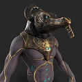 Mythical Jackal Headed Humanoid With Golden Accents Egyptian Design Muscular Torso And Blue Glowing Details