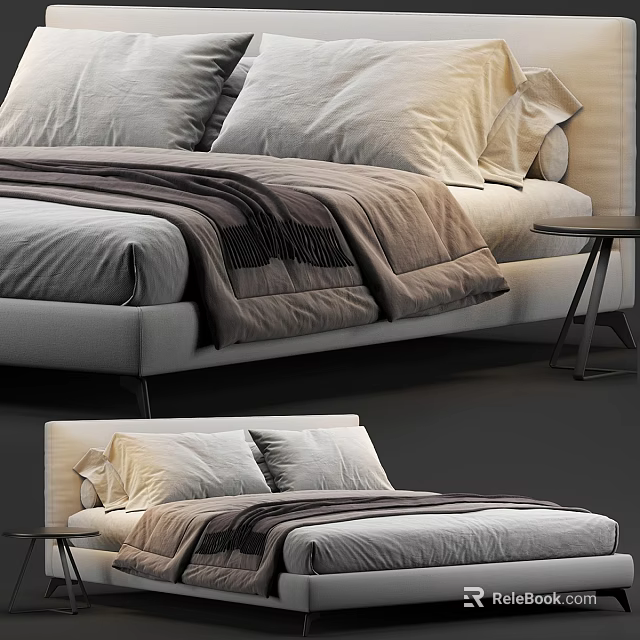 Modern Minimalist Double Bed with Soft Pillows Striped Blanket and Side Nightstand 3d model 