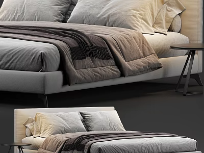Modern Minimalist Double Bed with Soft Pillows Striped Blanket and Side Nightstand 3d model