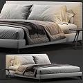 Modern Minimalist Double Bed with Soft Pillows Striped Blanket and Side Nightstand