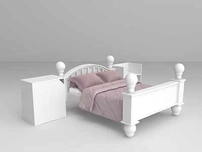White Bed Frame With Spherical Posts On Headboard Footboard And Pink Bedding 3d model