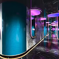 Modern KTV Interior Design With Blue Wavy Decorations Bar Counter And Ceiling Lighting