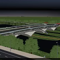 Modern Bridge With Red Canopies Over River And Scenic Mountain City Landscape