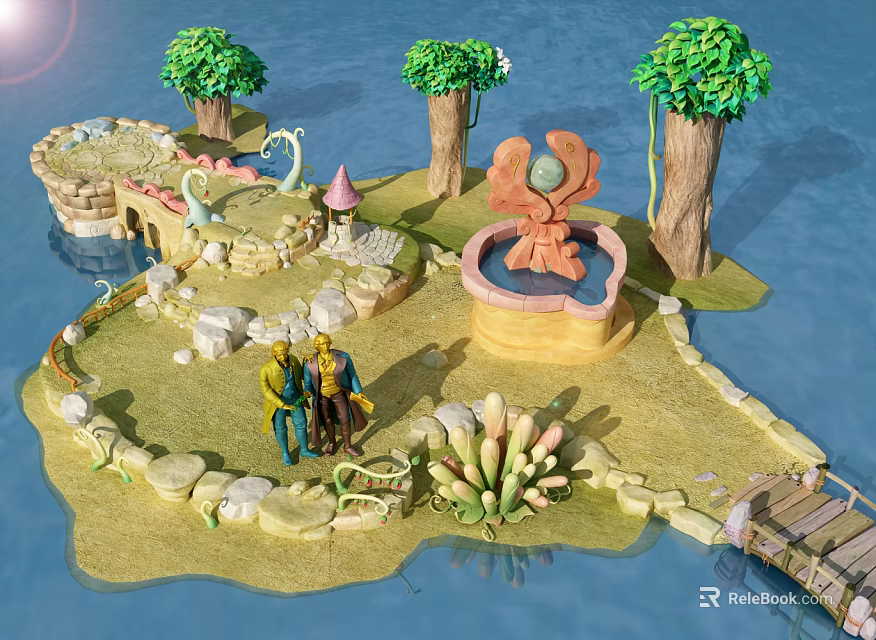 Cartoon Scene of Fantasy Island With Trees Mushroom House Fountain Wooden Bridge And Characters 3d model 