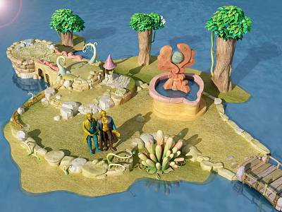 Cartoon Scene of Fantasy Island With Trees Mushroom House Fountain Wooden Bridge And Characters 3d model