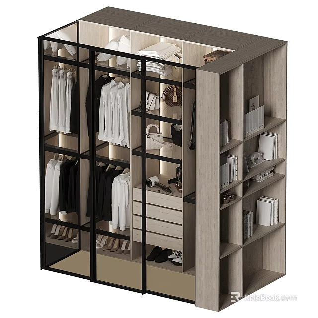 Elegant Modern Wardrobe With Glass Doors Hanging Clothes Drawers And Shelves 3d model 