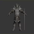 Fantasy Warrior In Spiked Helmet And Detailed Armor Holding Long Sword Standing Firmly