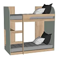 Wooden Bunk Bed With Light Wood Gray Frame Gray Mattresses And Black White Pillows