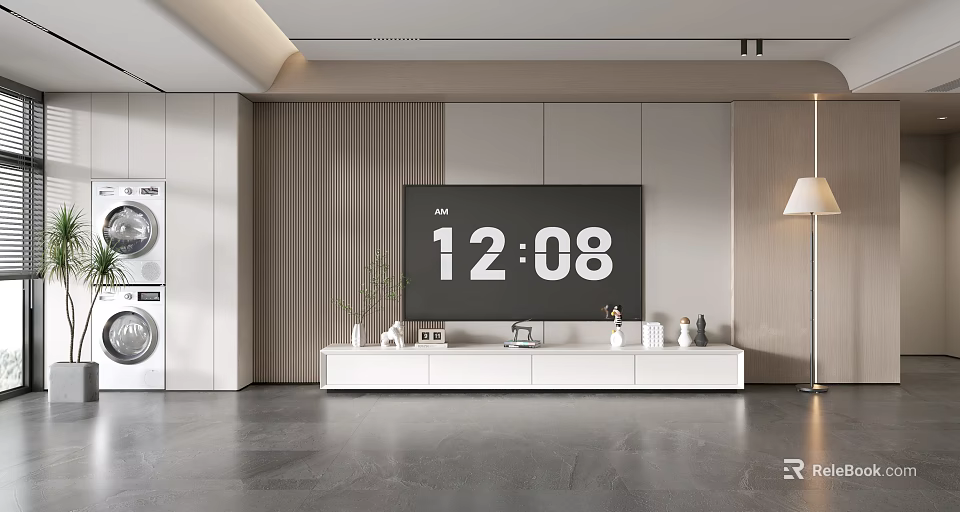 Modern TV Wall Design With White TV Stand Wooden Panels And Decorative Items 3d model 