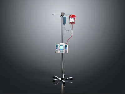 Medical IV Stand Equipment With Red Fluid Bag And Control Panel 3d model