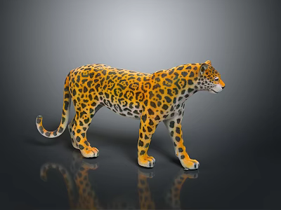 Leopard 3D Model With Yellow And Black Spots Standing On Black Background With Reflection 3d model
