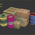Colored Storage Drums With Cardboard Boxes Wooden Crate And Packages 3d model
