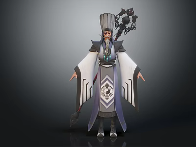 Ancient Mage Character with Mythical Creature Staff and Elegant Robe Intricate Patterns 3d model