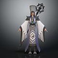 Ancient Mage Character with Mythical Creature Staff and Elegant Robe Intricate Patterns
