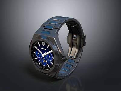 Sleek Black Watch With Blue Dial And Modern Metal Strap Fashionable Design 3d model