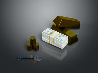Valuable Assets Collection Featuring Gold Bars Stacks Of Dollar Bills Coins And Keys 3d model