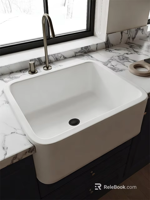 White Square Washbasin on Marble Countertop with Modern Faucet and Soap Dish 3d model 