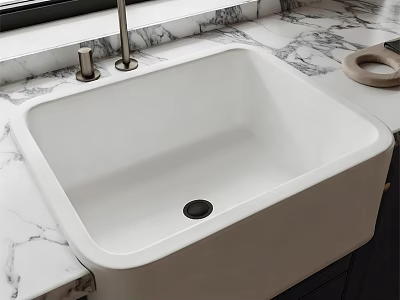 White Square Washbasin on Marble Countertop with Modern Faucet and Soap Dish 3d model