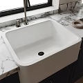 White Square Washbasin on Marble Countertop with Modern Faucet and Soap Dish