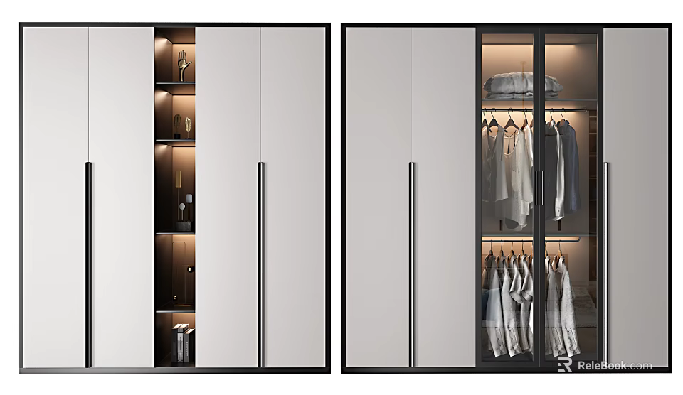 Modern Wardrobe Design With Glass Doors Hanging Rods Storage Shelves And LED Lighting 3d model 
