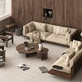 Modern Living Room Beige Sofa Wooden Coffee Table Set With Side Tables Decor And Rug