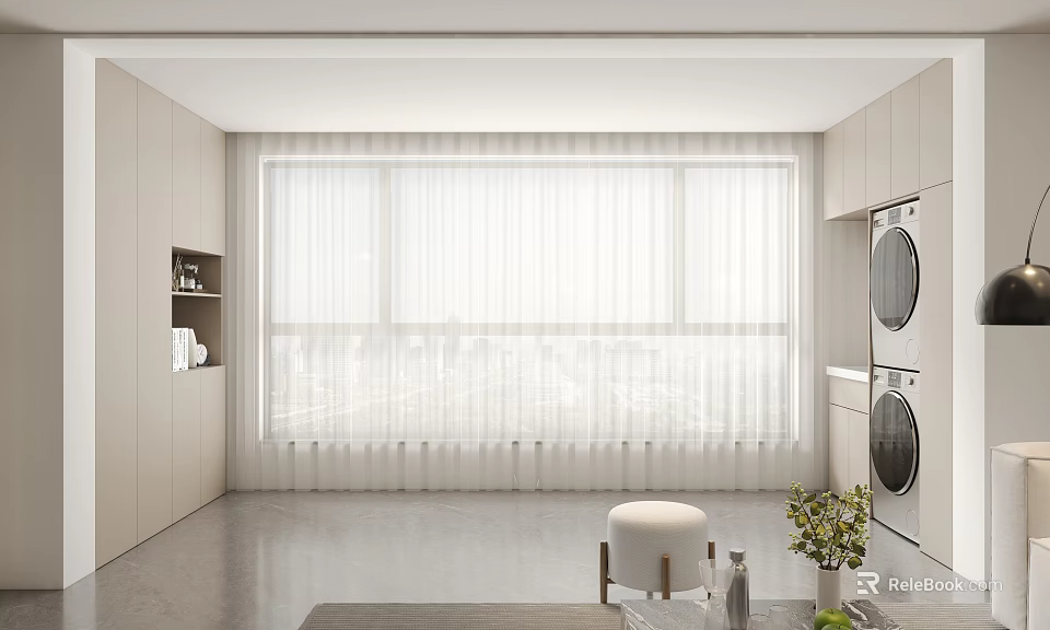 Modern Home Balcony With Large Window White Curtains Gray Floor White Stool And Green Plants 3d model 