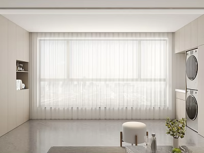 Modern Home Balcony With Large Window White Curtains Gray Floor White Stool And Green Plants 3d model